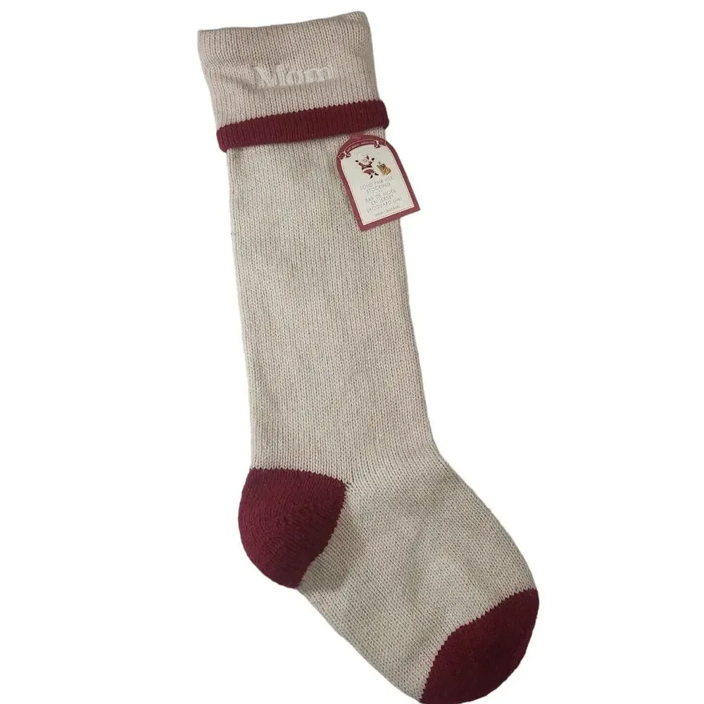 NWT POTTERY BARN NATURAL FAIR ISLE WOOL WHITE RED STOCKING MOM EMBROIDERED LINED